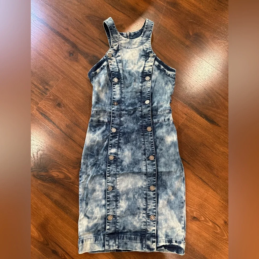 Bebe rare mini denim bodycon dress Sz 0 washed blue color - Picture 1 of 8